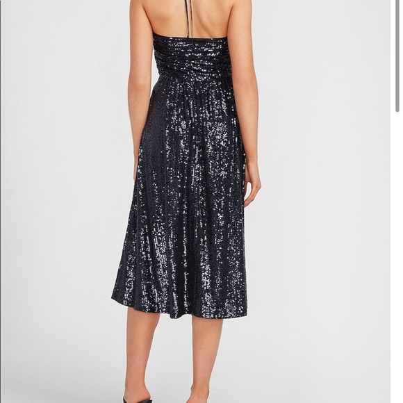 NWT Express Navy Blue Sequined Halter Dress Size Small - Picture 2 of 10